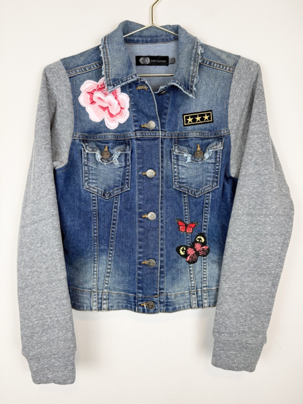 Vintage JET John Eshaya Denim Jacket Jersey Sleeves Butterfly Flower Patch Small